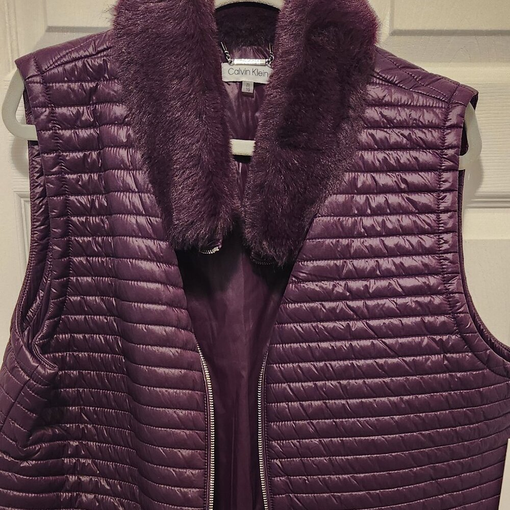 NWT Calvin Klein Faux Fur Collared Vest Plum Wine